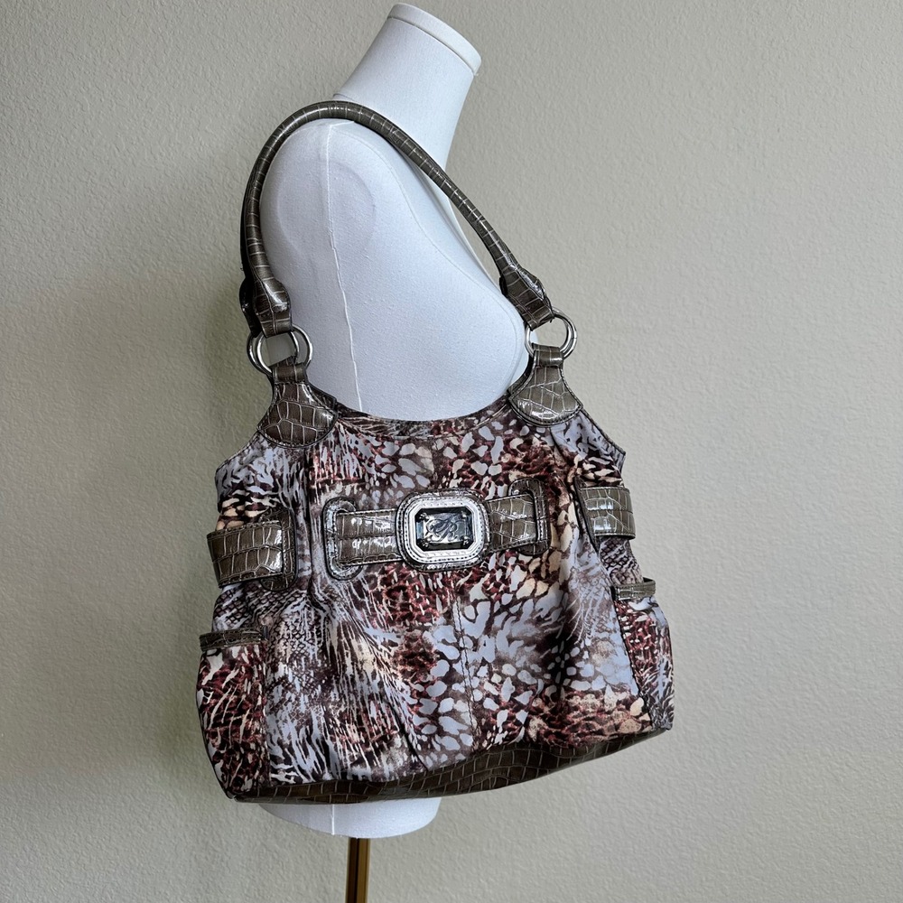 Y2K Sienna Ricchi Animal Print Hobo Bag Faux Croc Trim Brown Grey Silver Buckle